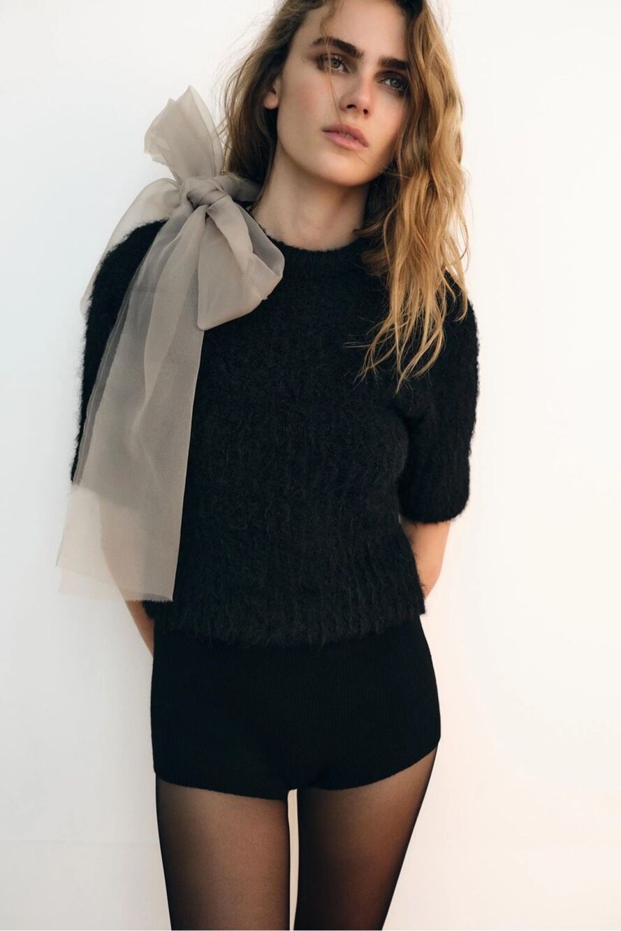 Zara organza neck bow knitted black sweater top medium